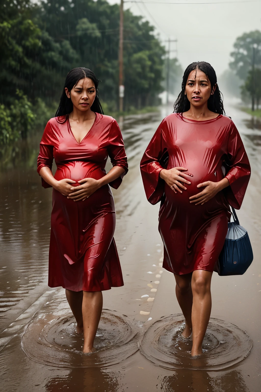  pregnant woman in a wet red dress walks along a flooded road in heavy rain, haivy rain drop ,carrying a large sack on her back and a metal pot in one hand. Two young children, both crying and visibly distressed, follow her on either side. The scene evokes a sense of struggle and urgency in adverse weather conditions.