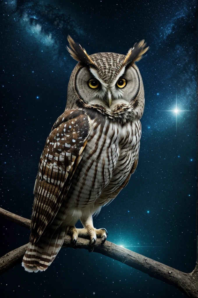 An owl with a deep and enigmatic look mixed with the Orion constellation in a unique way