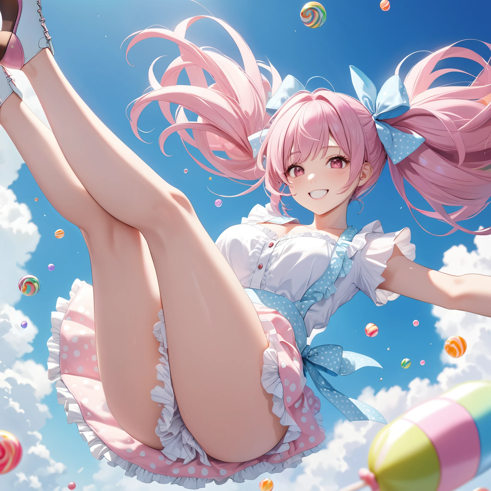 (8K, masutepiece, Best Quality, Official art, beautiful detailed, beautiful lighting, best masterpiece in history that exceeds limits), (1 Girl, solo), (), (beautiful detailed face), (shiny white skin), (Beautiful big bust, cleavage:1.3), (thighs:1.3), (beautiful detailed pastel pink twin tails hair, bangs:1.3), (beautiful detailed drooping pink eyes:1.5), BREAK, (beautiful detailed white and pastel blue polka dots pattern cute Apron, white frill shirt, white frill skirt, pastel blue bow ribbon, frill, ruffle:1.2), BREAK, (happy smile:1.3), (Attractive, flying, floating, under zero gravity), (blue sky, A lot of big candy, 🍬🍭:1.3)