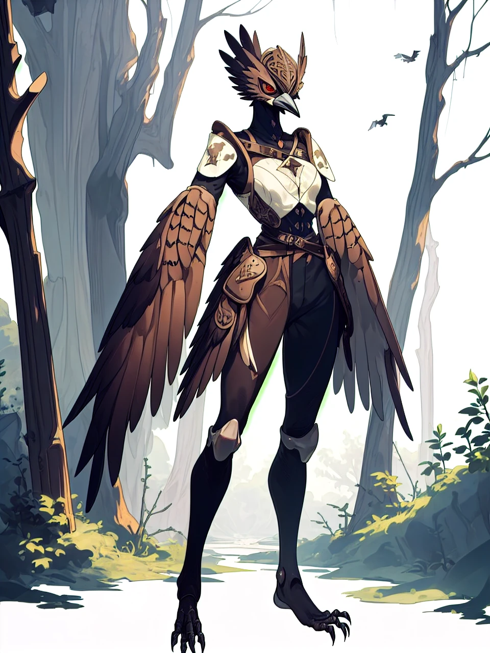 prospect(Anthropomorphic crow，Wearing ancient adventurer gear，The arms and hands are integrated with the bird&#39;s Wings, and there are no bird wings on the back. Only the arms and hands have bird wings.，Feet are claws)，With background（Dense forest）One girl, Harpy, lower body of bird, Wings with feathers, nail, fur, whole body, Outdoor,1girl, harpy, lower body of a bird, feathered wings, talons, fur, full body, outdoors,Absurd , High resolution, Super detailed, (Harpy One girl:1.3), break,, Blue winged arms, Bird&#39;s feet, Gradient Wings, short blue hair, break, blue tshirt break, , , short,