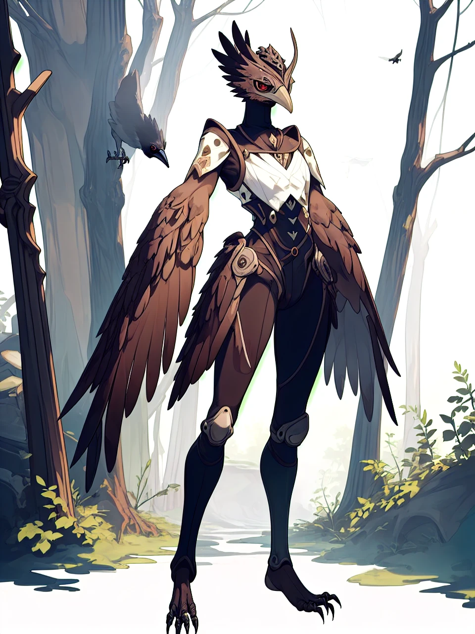 prospect(Anthropomorphic crow，Wearing ancient adventurer gear，The arms and hands are integrated with the bird&#39;s Wings, and there are no bird wings on the back. Only the arms and hands have bird wings.，Feet are claws)，With background（Dense forest）One girl, Harpy, lower body of bird, Wings with feathers, nail, fur, whole body, Outdoor,1girl, harpy, lower body of a bird, feathered wings, talons, fur, full body, outdoors,Absurd , High resolution, Super detailed, (Harpy One girl:1.3), break,, Blue winged arms, Bird&#39;s feet, Gradient Wings, short blue hair, break, blue tshirt break, , , short,