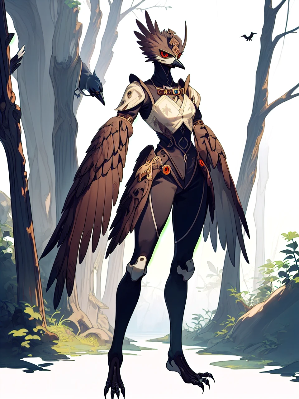 prospect(Anthropomorphic crow，Wearing ancient adventurer gear，The arms and hands are integrated with the bird&#39;s Wings, and there are no bird wings on the back. Only the arms and hands have bird wings.，Feet are claws)，With background（Dense forest）One girl, Harpy, lower body of bird, Wings with feathers, nail, fur, whole body, Outdoor,1girl, harpy, lower body of a bird, feathered wings, talons, fur, full body, outdoors,Absurd , High resolution, Super detailed, (Harpy One girl:1.3), break,, Blue winged arms, Bird&#39;s feet, Gradient Wings, short blue hair, break, blue tshirt break, , , short,