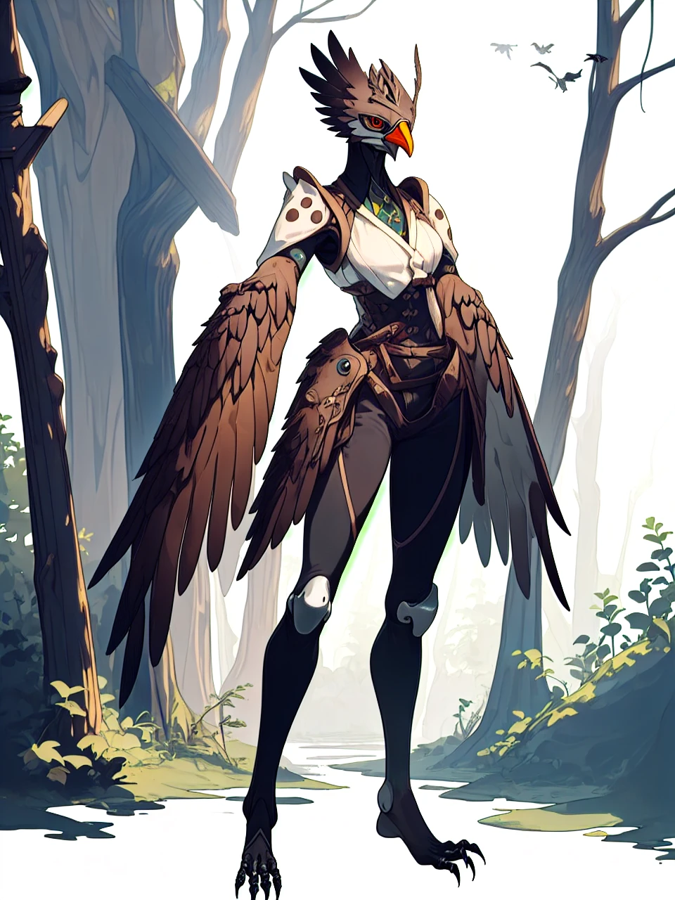 prospect(Anthropomorphic crow，Wearing ancient adventurer gear，The arms and hands are integrated with the bird&#39;s Wings, and there are no bird wings on the back. Only the arms and hands have bird wings.，Feet are claws)，With background（Dense forest）One girl, Harpy, lower body of bird, Wings with feathers, nail, fur, whole body, Outdoor,1girl, harpy, lower body of a bird, feathered wings, talons, fur, full body, outdoors,Absurd , High resolution, Super detailed, (Harpy One girl:1.3), break,, Blue winged arms, Bird&#39;s feet, Gradient Wings, short blue hair, break, blue tshirt break, , , short,