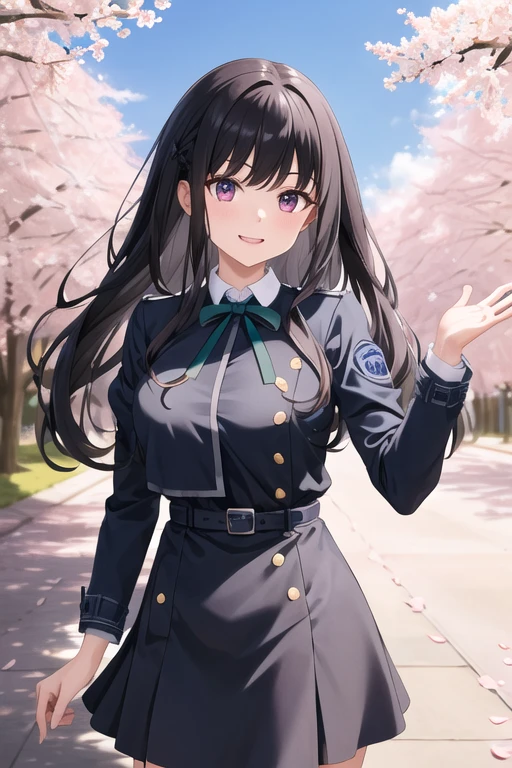 masterpiece, Highest quality, High resolution, will be attacked, Long Hair, Black Hair, chest, Neck ribbon, Collared shirt, Licorice Uniform, Two-tone dress, Blue clothes, Grey Dress, Long sleeve, belt, Reaching out, cherry blossoms, Outdoor, petal, Are standing, Cowboy Shot, smile, Open your mouth,Big Breasts