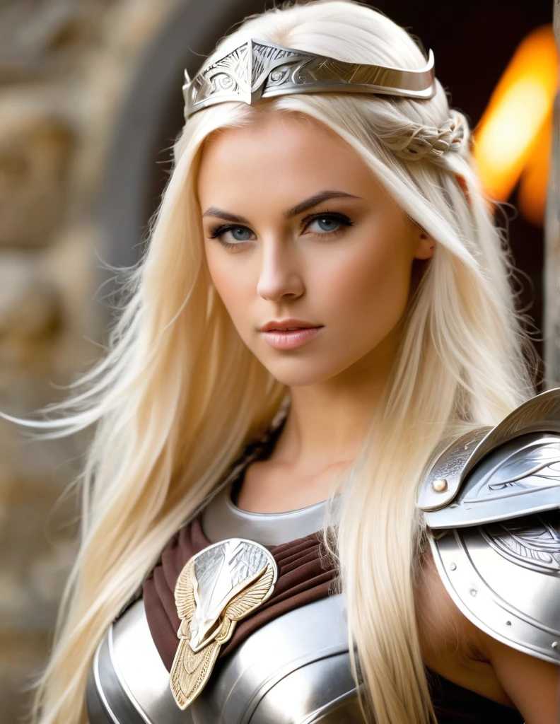 very attractive 25 year old girl with long platinum blonde hair, dressed as valkyrie, photo quality
