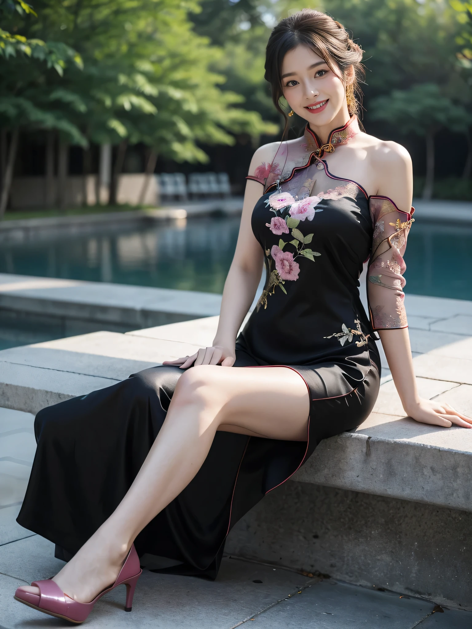 最high quality, 8K, Masseter area, Energetic, concentrate, high quality, high resolution, Delicate face, Fine particles, thick lips, (Looking at the audience), solitary, Beautiful woman, 25 years old,full image， Plum, Black long hair,  (Light-colored one-shoulder cheongsam dress:1.5)，（Sitting on a stone bench in the park：1.5）、Blurred Background，((Smile:1.5))、((Wearing black high heels))，High Aims，Gentle and intellectual