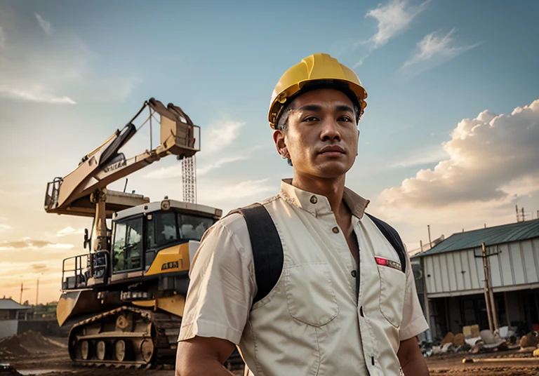 Project background shoot, construction site, site manager, lonking LG 833 WHEEL LOADER in the background, handsome construction manager, saying hi, Indonesian male models, white skin, delicate eyes, wearing construction vest, wearing yellow construction helmet, sunset, evening, clouds, cinematic