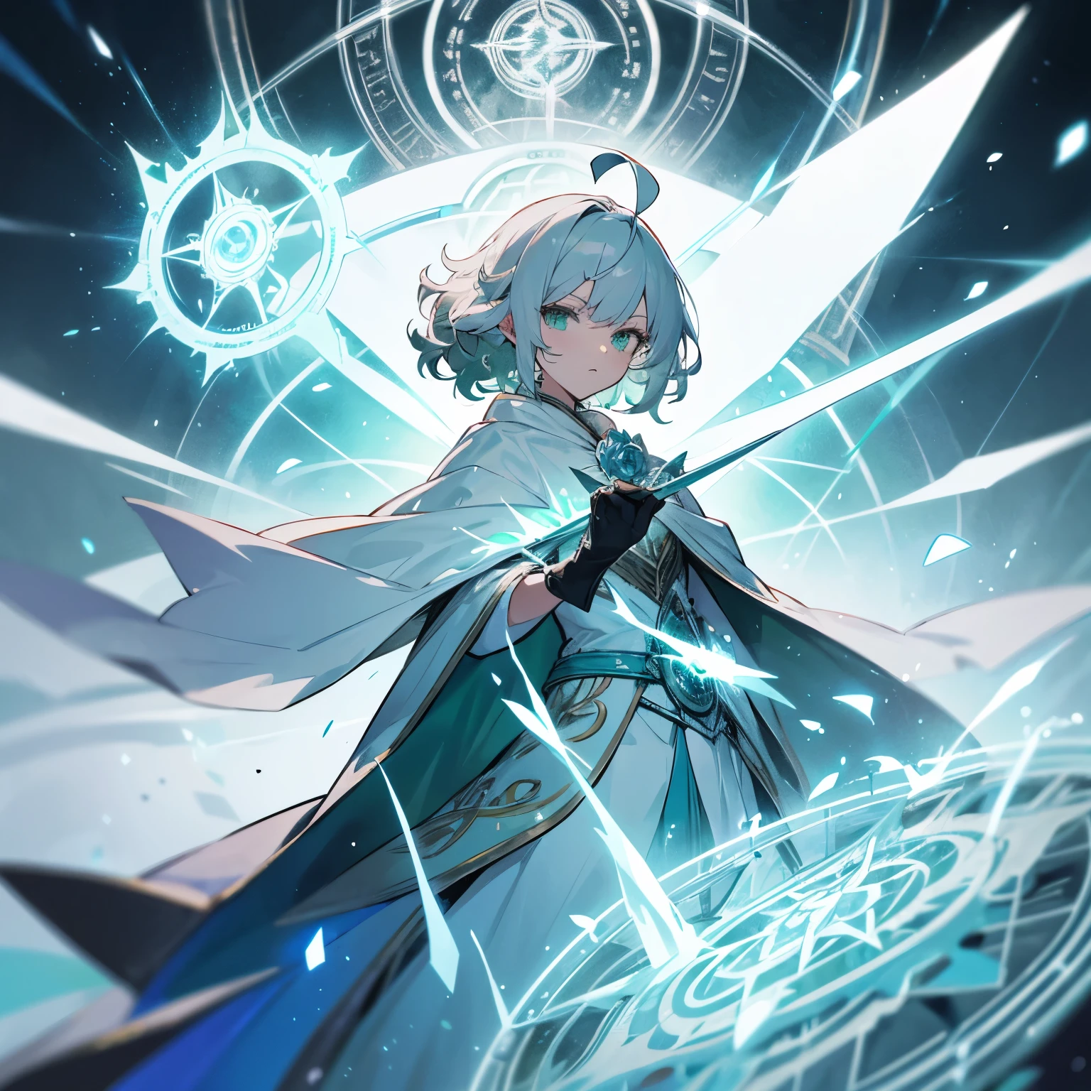 Elf, silver hair,short hair, medium cut, ahoge, curly hair,green eyes,slender, fair skin, robe, cloak,White gloves, blue effect, ice effect, magic circle effect, triumphantly,Ice Rose ,magic,green rose,Noble soon, Epic Battle Scene, looking at viewer