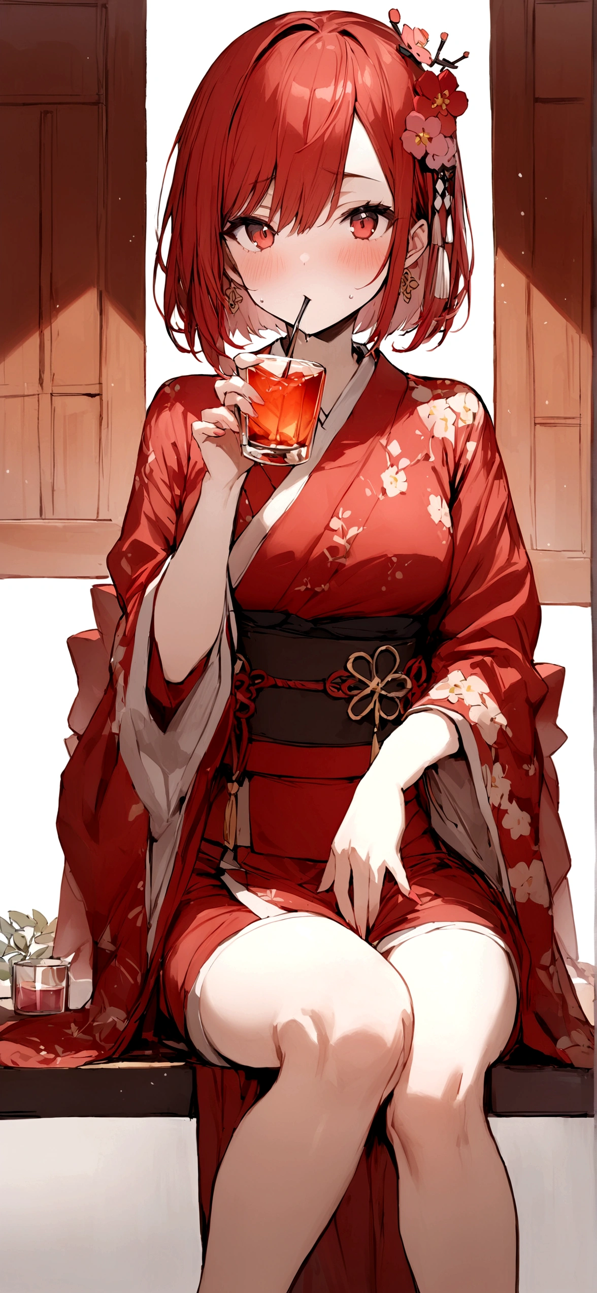 ((masterpiece, Highest quality)), (One girl), (alone)、drink alcohol、drinking、Place it small in the center so that it doesn't get cut off.、Older sister in her late 20s, Red Hair、Plum blossom accessories、Red kimono、White background、Red medium bob hair、Red eyes、Holding a rocks glass and drinking alcohol、Drink plum wine、White background、