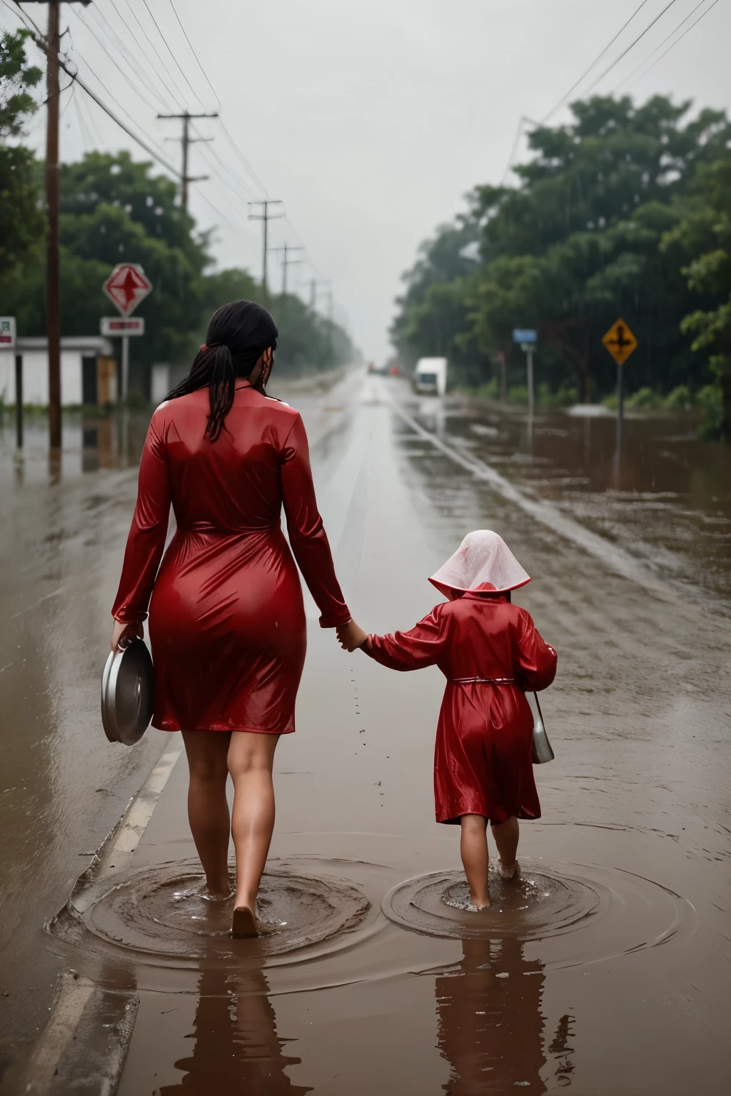  pregnant woman in a wet red dress walks along a flooded road in heavy rain, haivy rain drop ,carrying a large sack on her back and a metal pot in one hand. Two young children, both crying and visibly distressed, follow her on either side. The scene evokes a sense of struggle and urgency in adverse weather conditions.