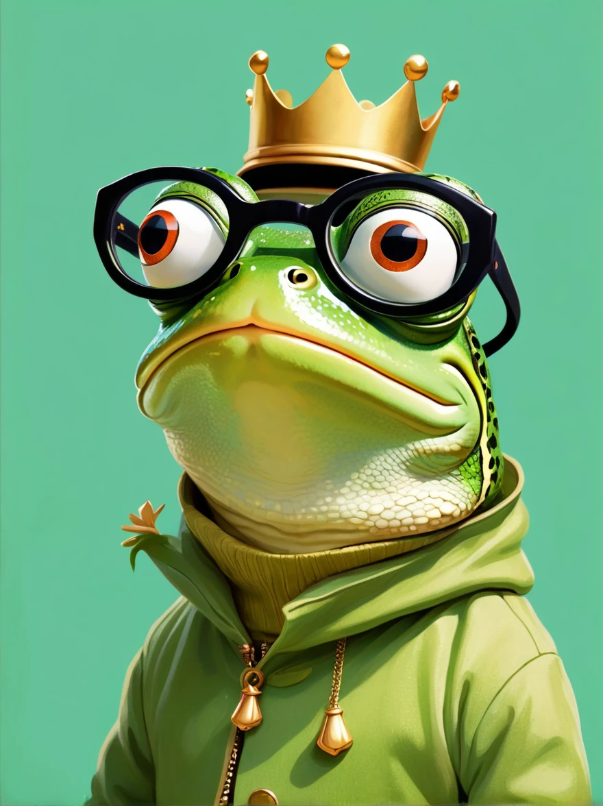 A frog prince wearing oversized glasses, cartoon creature in style of Oliver Jeffers