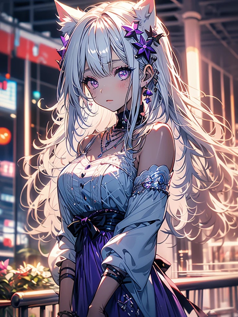 1girl, white hair, cat ears, looking at viewer, solo, long hair, purple dress, necklace, hair ornament, outdoors, long sleeves, pastel colors
