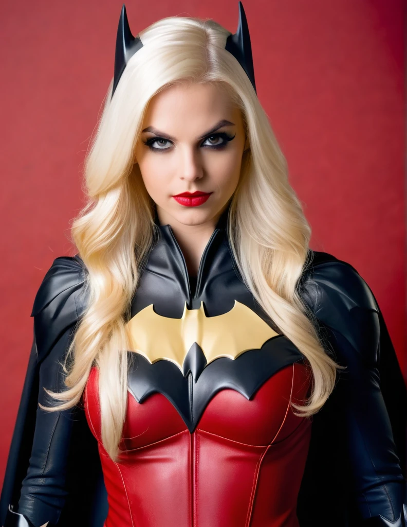 very attractive 25 year old girl with long platinum blonde hair, dressed as batwoman, photo quality