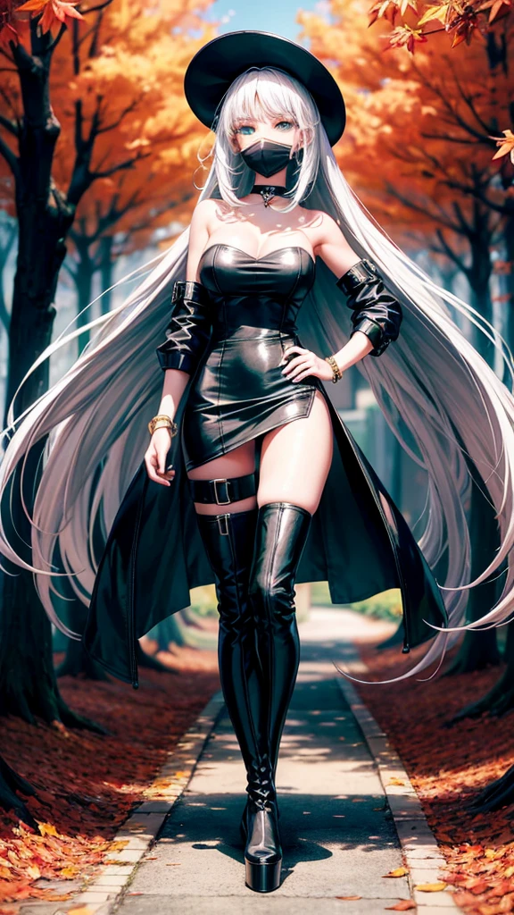 ultra quality, young woman, high, bright skin, White hair,t-shirt,strappy, slim, topic, skirt,Remove,coat,thigh high boots,Platform,black boots,green eyes, Autumn, bracelets, park, Height,piquancy,exquisitely,long gloves,open shoulders,choker, for the whole growth.
