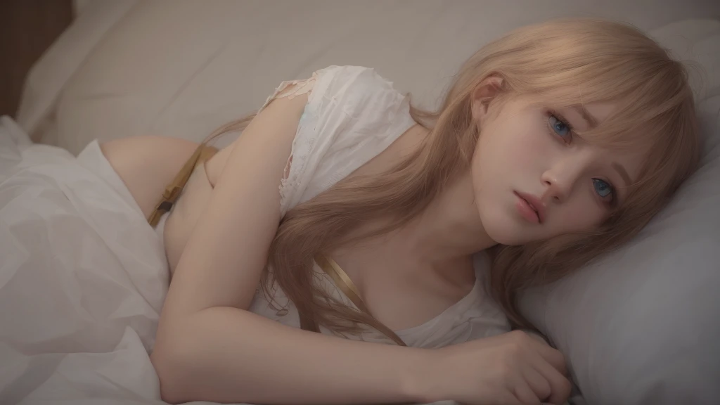 1girl, star eyes, blush, perfect illumination, gold hair, blue eyes, unreal engine, side lighting, detailed face, bangs, light skin, simple background, dark background, bed, sleep, <la:makimaChainsawMan_v10:0.35