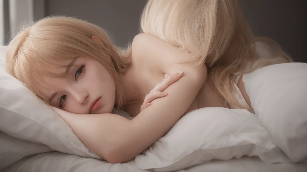 1girl, star eyes, blush, perfect illumination, gold hair, blue eyes, unreal engine, side lighting, detailed face, bangs, light skin, simple background, dark background, bed, sleep, <la:makimaChainsawMan_v10:0.35