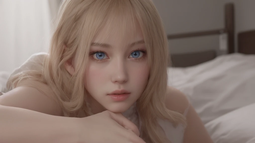 1girl, star eyes, blush, perfect illumination, gold hair, blue eyes, unreal engine, side lighting, detailed face, bangs, light skin, simple background, dark background, bed, sleep, <la:makimaChainsawMan_v10:0.35