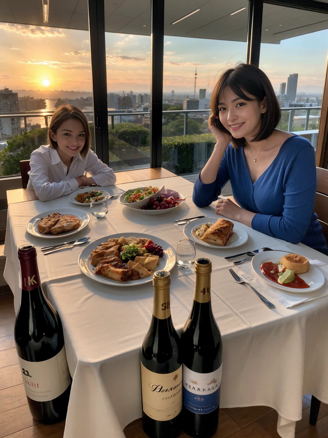((Highest quality、8K、masterpiece:1.3))、 (Ultra-realistic、 Genuine、Bright image、Intricate details:1.2), 最高のsmile、1 male、1 female、Beautiful couple、love love love、Tokyo Lovers、Good friends、actress couple、smile、Full-course dinner at a packed table、 (Slim face), (the body is slim), (Brown Hair), (short hair), テーブルのwine glass、Please shine a light on my face、 Amazing view of the sunset sky and clouds、, red wine 、Appetizers、Wine bottle、sparkling wine、Long sleeve shirt、dress、White wine, red wine, wine glass,