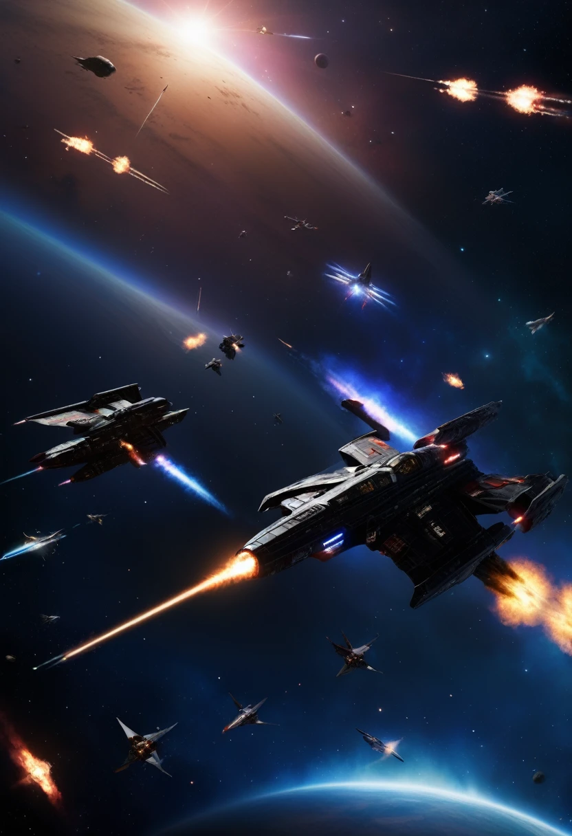 A dramatic battle scene，Shows a deep space battle in a far corner of the galaxy. More than a dozen powerful、Sleek starships are engaged in a fierce battle, The spacecraft&#39;s engines roar，The ship&#39;s shields gleam，The galaxy is full of aid and battles, Distant stars are visible in the background, Illuminated by the blue of the battlefield. The image covers the entire visible range, Demonstrating the complexity of large-scale space combat. Wide-angle lens, Long-term contact, High contrast