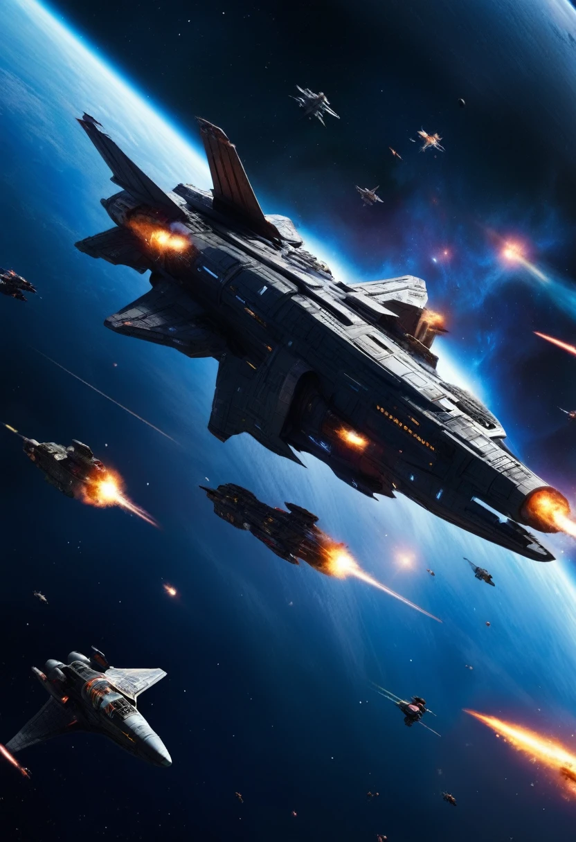 A dramatic battle scene，Shows a deep space battle in a far corner of the galaxy. More than a dozen powerful、Sleek starships are engaged in a fierce battle, The spacecraft&#39;s engines roar，The ship&#39;s shields gleam，The galaxy is full of aid and battles, Distant stars are visible in the background, Illuminated by the blue of the battlefield. The image covers the entire visible range, Demonstrating the complexity of large-scale space combat. Wide-angle lens, Long-term contact, High contrast