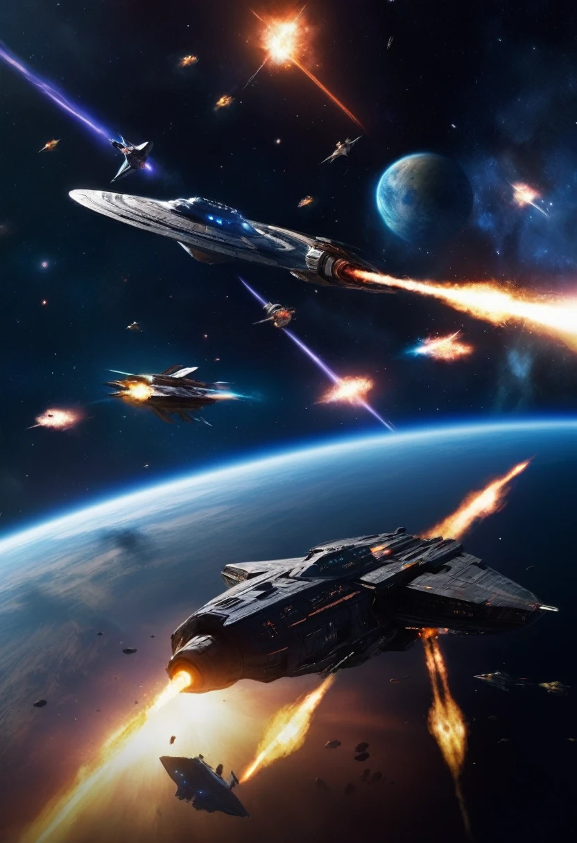 A dramatic battle scene，Shows a deep space battle in a far corner of the galaxy. More than a dozen powerful、Sleek starships are engaged in a fierce battle, The spacecraft&#39;s engines roar，The ship&#39;s shields gleam，The galaxy is full of aid and battles, Distant stars are visible in the background, Illuminated by the blue of the battlefield. The image covers the entire visible range, Demonstrating the complexity of large-scale space combat. Wide-angle lens, Long-term contact, High contrast