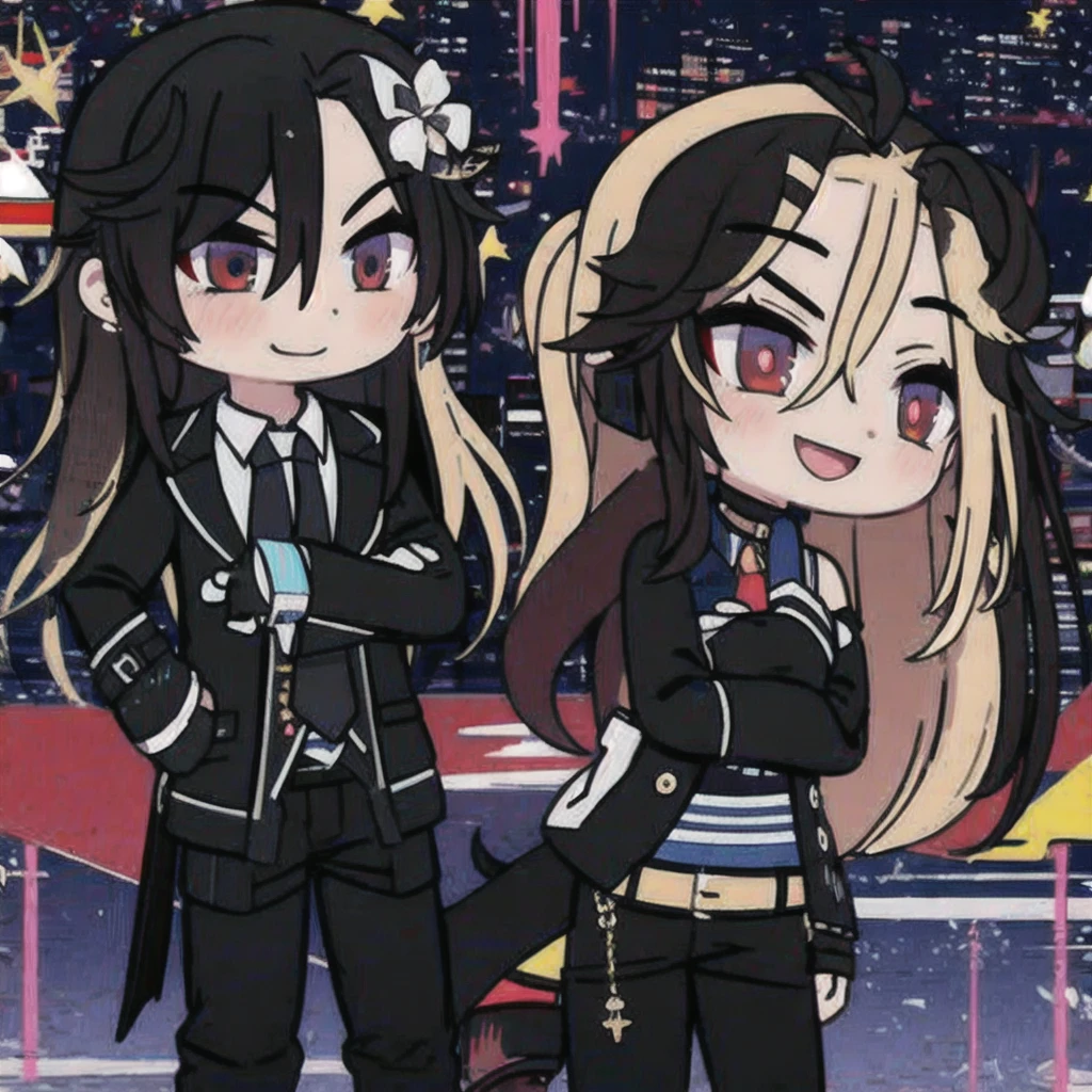 1 guy, long hair, shoulder-length hair, black jacket, tie, trousers, gloves, important pose, sly look, smile