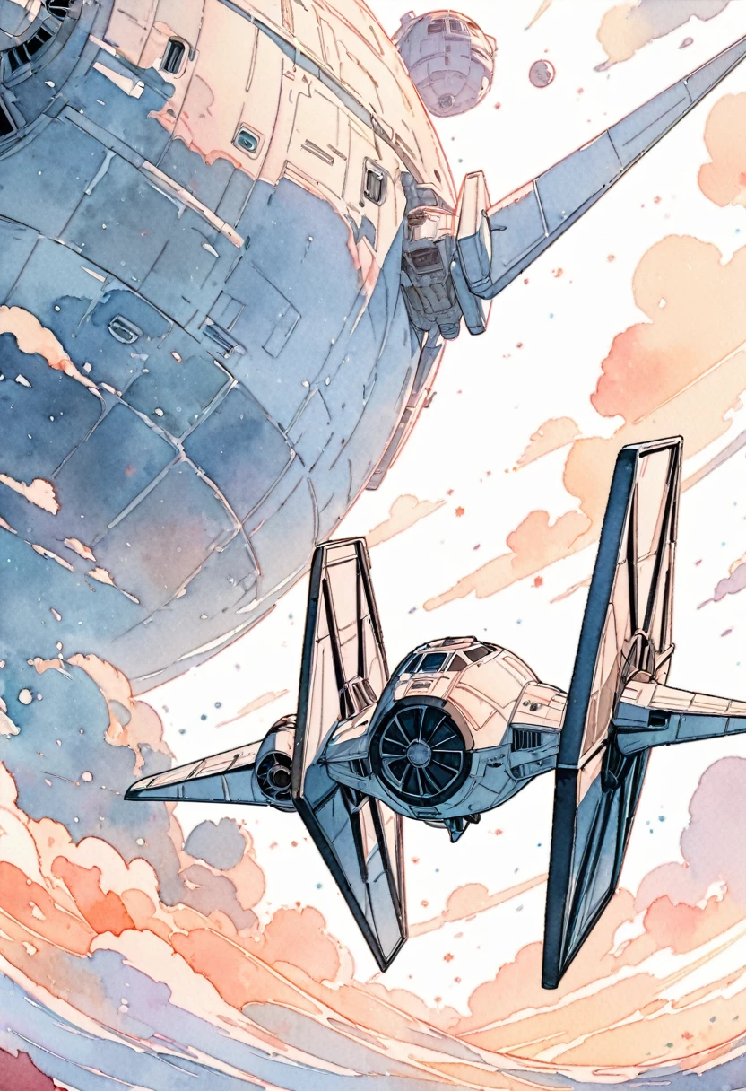 (masterpiece),(Highest quality),(Super detailed),(High resolution),((Line art)),((Watercolor)),8K,wallpaper,,Star Wars,TIE Fighter,Movie poster style