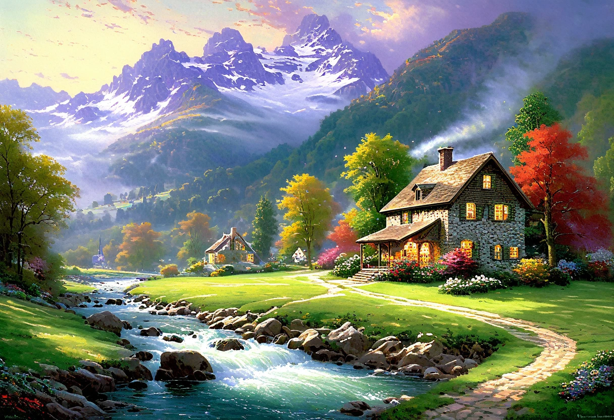 Painting of a country house in a river valley, Landscape painting 詳細, Landscape painting, Beautiful Valley, Thomas Kinkade, Serene landscape, Landscape - Scenery, dream scenery art, blissful landscape, Franz Hege, Peaceful landscape, ( Thomas Kinkade ), Detailed Landscape — Width 672, idyllic cottage, Thomas Kinkadeにインスピレーションを受けた, beautiful artist rendering