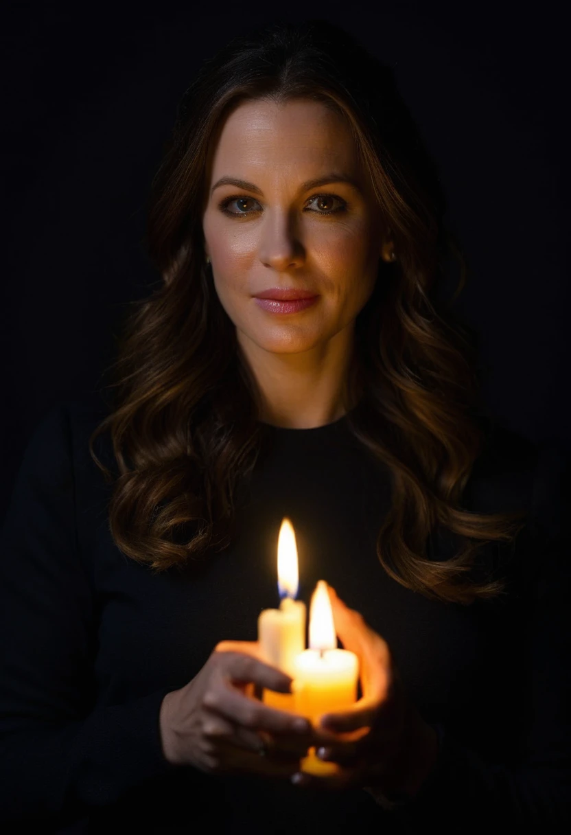Extremely detailed 16k UHD RAW photograph of an ohwxkb woman holding a candle against a pitch dark background, Shot by a professional photographer on a DSLR 