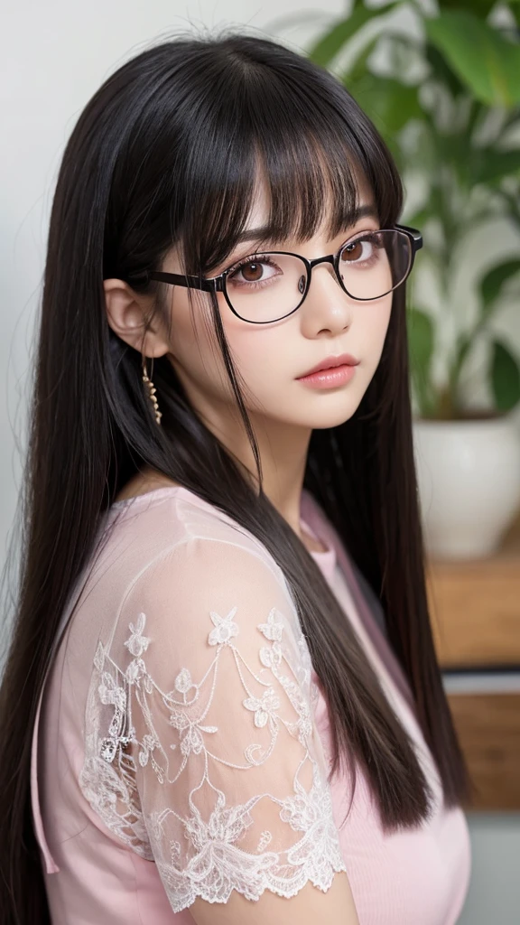 1 Female, Long Hair, Black Hair, Pink lace, Glasses, Blunt bangs, Straight hair, Lola Eyes, Lola Eyes