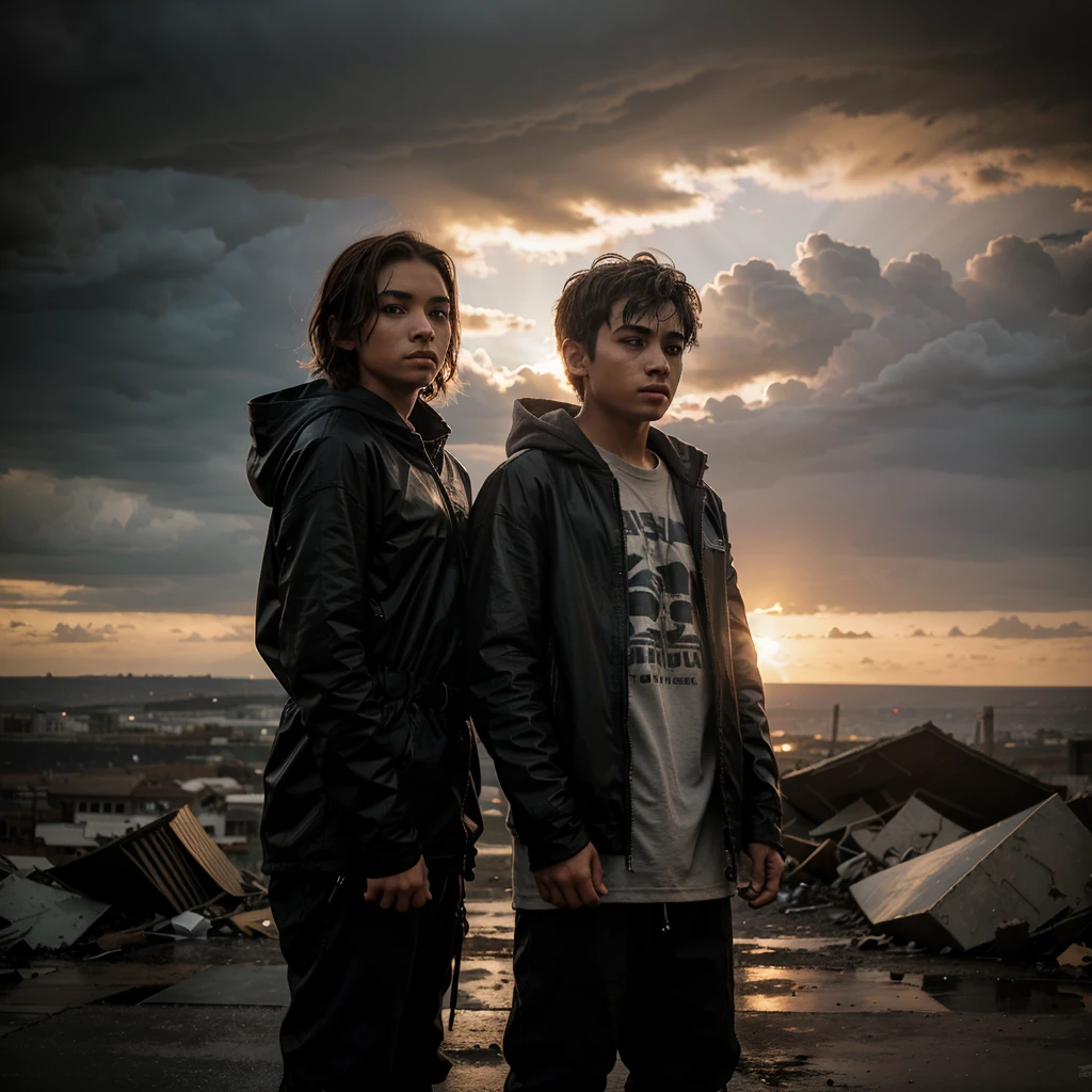 Create a 20-year-old boy in survivor clothing looking at the horizon in a destroyed city in a post-apocalyptic world., while in that destroyed city there is a beautiful sunset and rain, The boy has post-apocalyptic hair, has a hood on, and his survivor clothing is black. , adenas includes rain , Furthermore, the boy is with a girl looking at the horizon on a rainy sunset, seeing alien ships inspired by the Covenant from the Halo game series, and the boy holds in his left hand a combat katana with ancient advanced energy technology