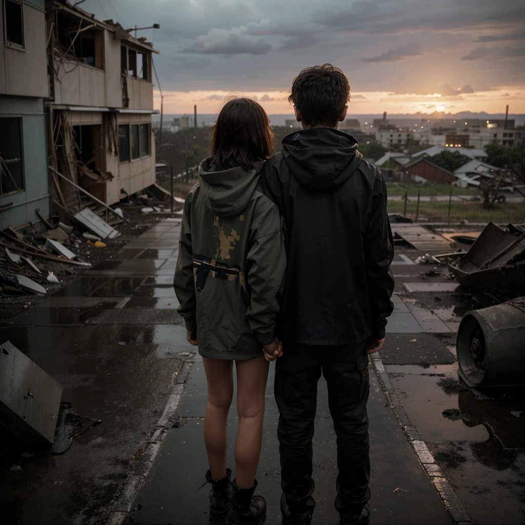 Create a 20-year-old boy in survivor clothing looking at the horizon in a destroyed city in a post-apocalyptic world., while in that destroyed city there is a beautiful sunset and rain, The boy has post-apocalyptic hair, has a hood on, and his survivor clothing is black. , adenas includes rain , Furthermore, the boy is with a girl looking at the horizon on a rainy sunset, seeing alien ships inspired by the Covenant from the Halo game series, and the boy holds in his left hand a combat katana with ancient advanced energy technology 