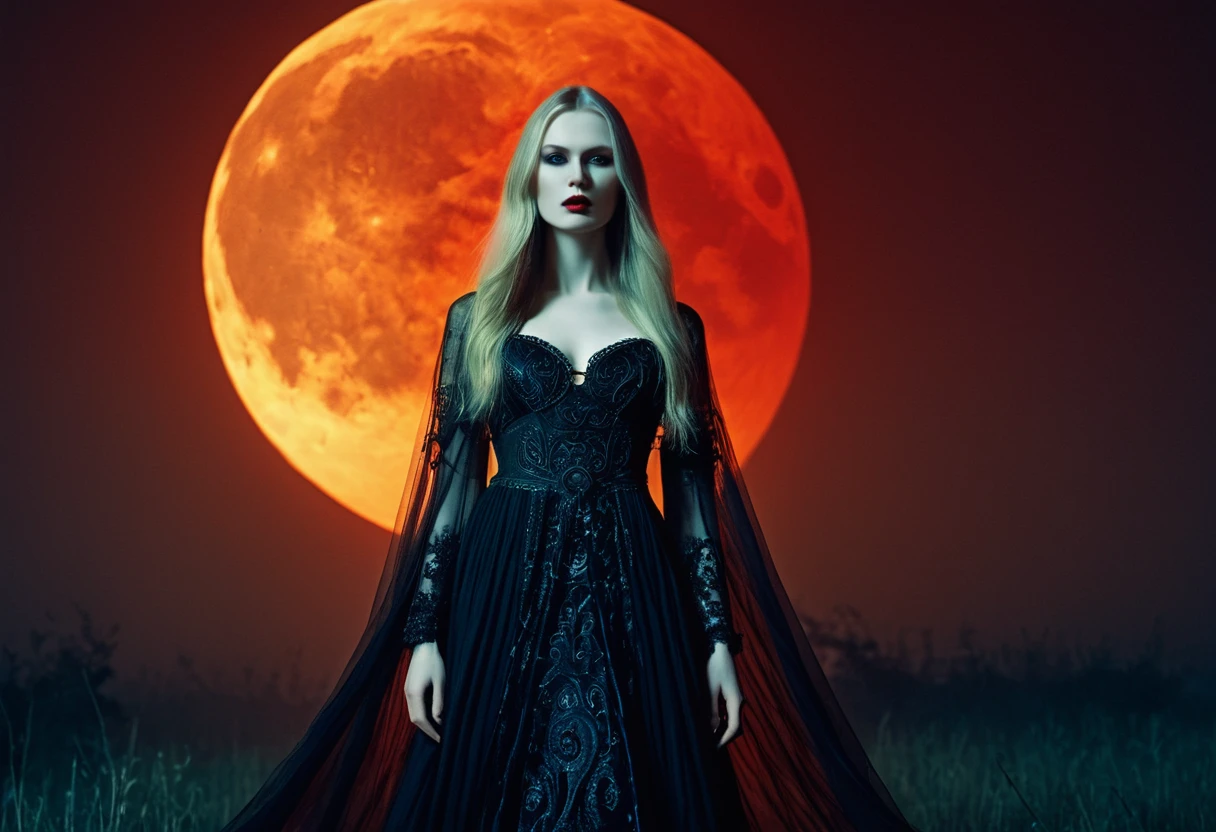 Luxury magazine phtotography, A beautiful ((evil slavic woman)), pale skin, long dark blond hair, Full_body_Beautiful_seductive_enchantress, highly detailed dress, blood moon, red glow, mist, eerie Gothic aesthetic, double exposure photography, backlit, hyperdetailed double exposure , Junji Ito, victo ngai, M.W. Kaluta, richard anderson, a masterpiece, 8k resolution, highly detailed and intricate, vogue style, great lighting