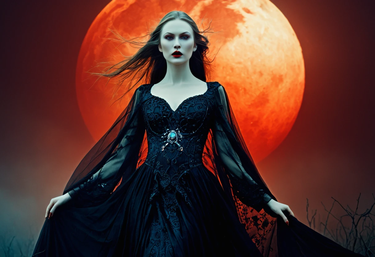Luxury magazine phtotography, A beautiful ((evil slavic woman)), pale skin, long dark blond hair, Full_body_Beautiful_seductive_enchantress, highly detailed dress, blood moon, red glow, mist, eerie Gothic aesthetic, double exposure photography, backlit, hyperdetailed double exposure , Junji Ito, victo ngai, M.W. Kaluta, richard anderson, a masterpiece, 8k resolution, highly detailed and intricate, vogue style, great lighting
