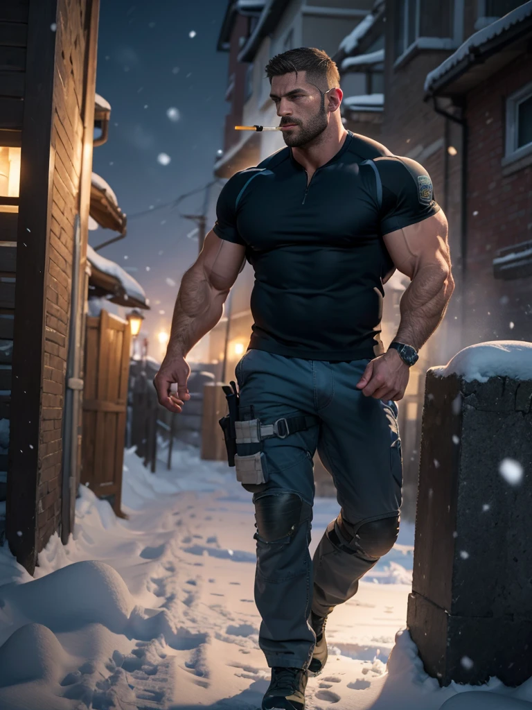 Dark gothic village in the background, old Chris Redfield from Resident Evil 8, 48 year old, muscular male, tall and hunk, biceps, abs, chest, (pecs:1.3), (muscle:1.3), no top clothes, topless, black underwear, bulge:1.5, thick beard, cold face, cigarette in mouth, smoke, video games style, high resolution:1.2, best quality, masterpiece, dark nightime, dark atmosphere, winter, snowing, shadow, fullbody shot