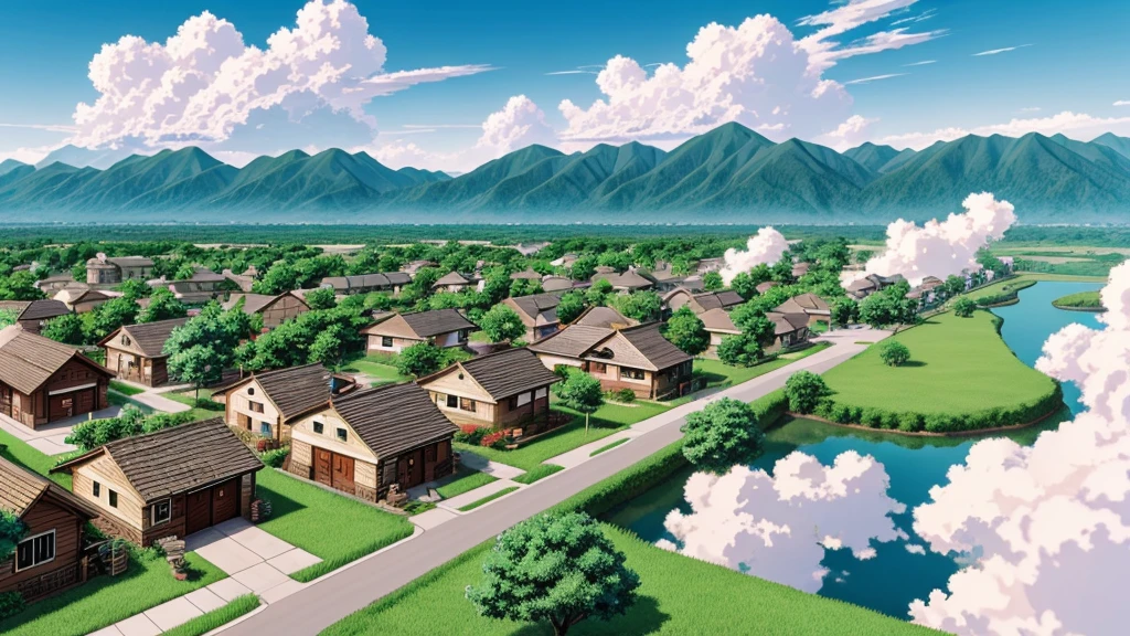 moving clouds over village in anime style