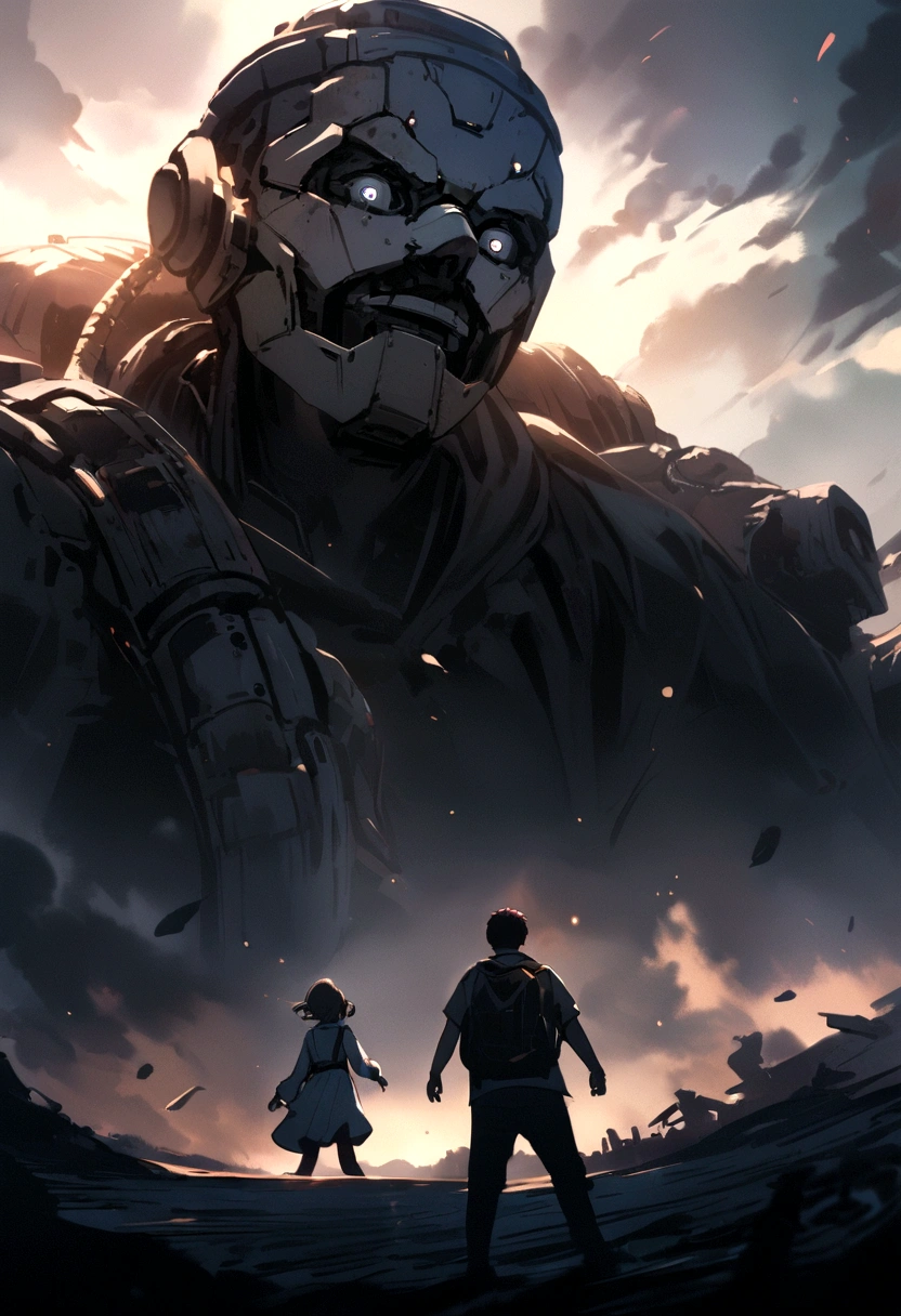 Boy flying with a Robot Arm And a girl on his back with a scared face and the earth as a background 