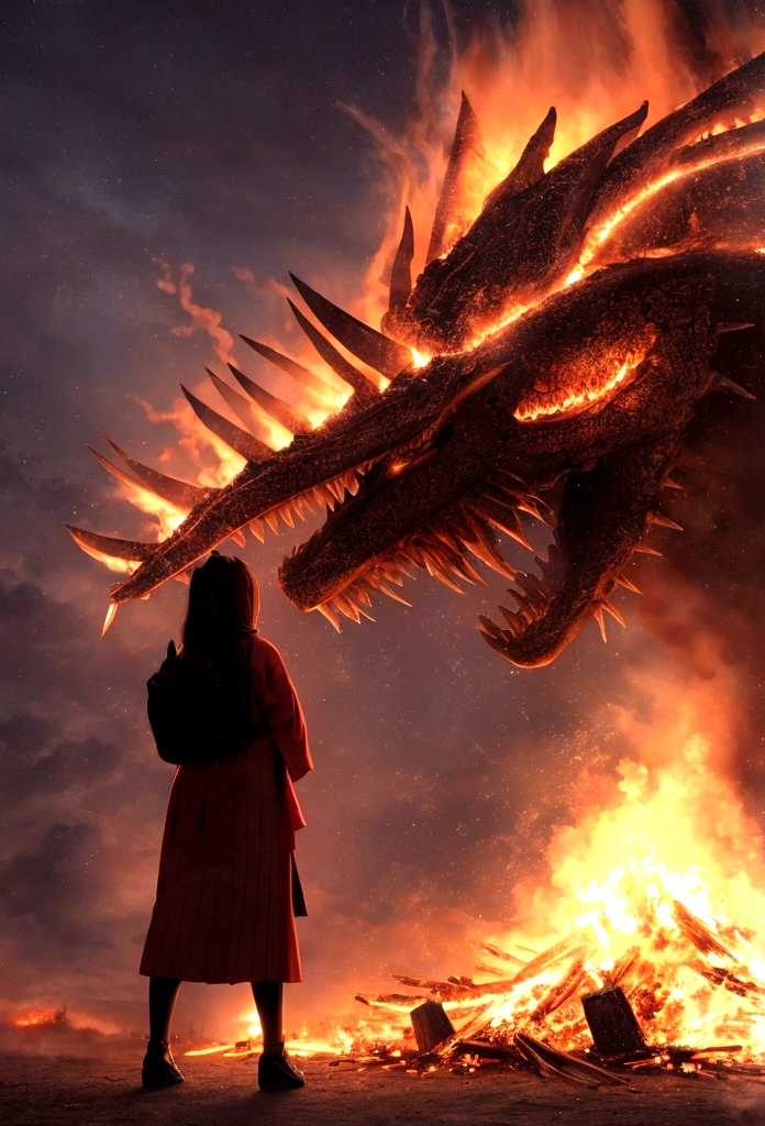 Japanese female student Standing in the middle of a bonfire watching a dragon destroy a city., Excellent quality, Masterpiece, best quality, Realistic picture, realistic light