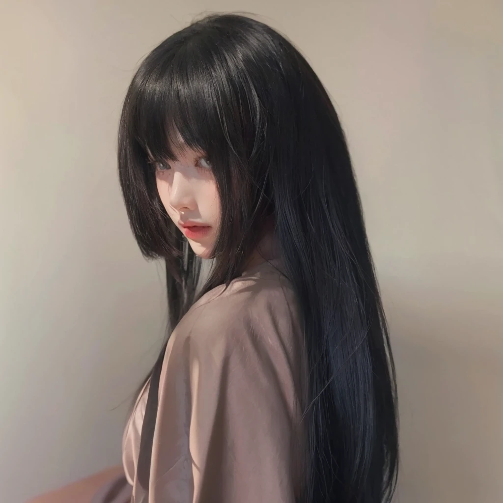 Princess cut straight hair,Natural and beautiful hair,Color uniform black,Pure color background advanced simplicity,Beautiful Princess Cut Hairstyle