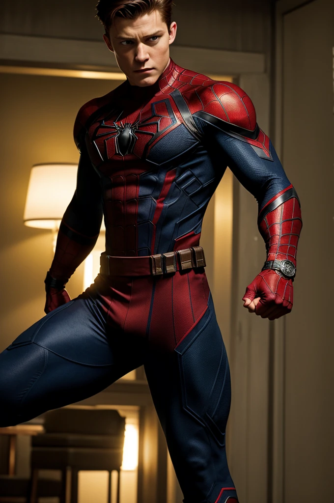 Realistic style of A male, 18 years old, he's got the muscles of  the actor Tom Holland in Spiderman no way home movie. He has a uniform made of spandex, the colour of the spandex is yellow like the color of the superhero wolverine of x-men. He is wearing a mask like the character the zorro. He is bald and he looks like red skull from the movie captain america. He is in a Kung Fu pose.