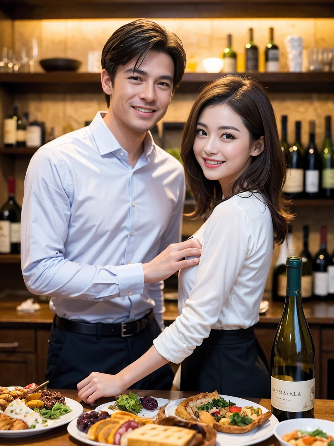 ((Highest quality、8K、masterpiece:1.3))、 (Genuineistic, Genuine、Bright image、Intricate details:1.2), 最高のsmile、Wine Party、full-course dinner、Beautiful couple、The pink lovers、actress couple、smile、 (Slim face), (the body is slim), (Brown Hair), (short hair), テーブルのwine glass、Please shine a light on my face、 Amazing view of the sunset sky and clouds、 years old)40 years old, red wine 、Appetizers、Wine bottle、sparkling wine、Long sleeve shirt、dress、White wine, red wine, wine glass, 