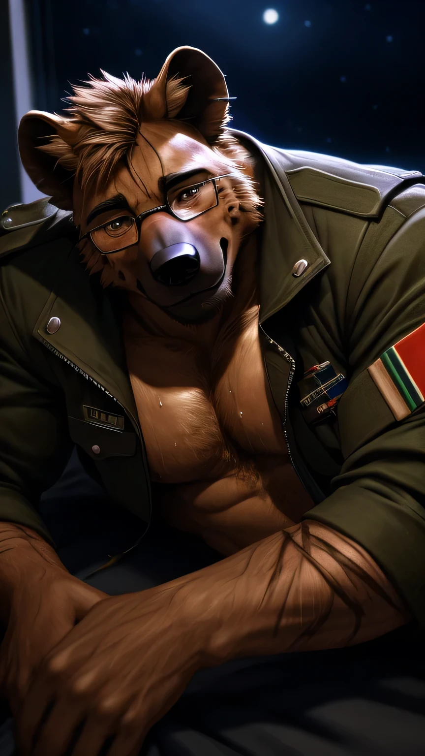 hyena, full body, Covered scars, blush, smile, big body, realistic, (full nude, military jacket, Glasses,) night, sexy, sexy posing, Seduce, sweating, on bed, lying down, dark room, hairy,