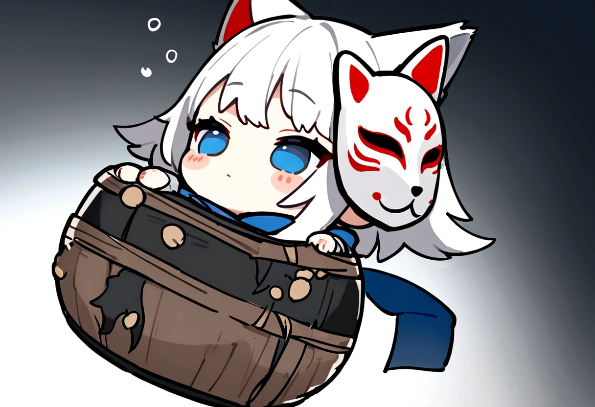 Black Hai Niso。solo、1 person、whole body、Fall down、sleep、sleep、Stickers、White Gauntlet、chibi,No sleeve、Bleaching、(masterpiece, best quality:1.2), 1girl, 独奏,Wolf girl, fox mask, ninja, girl, white hair, odd eyes, blue kimono, ninja girl, red and blue scarf,Chibi Character、White background, fantastic atmosphere.White background、、Black fox mask、Fisheye Lens、hair、Bandage on chest、boy、Black fox mask、Blue Bondage