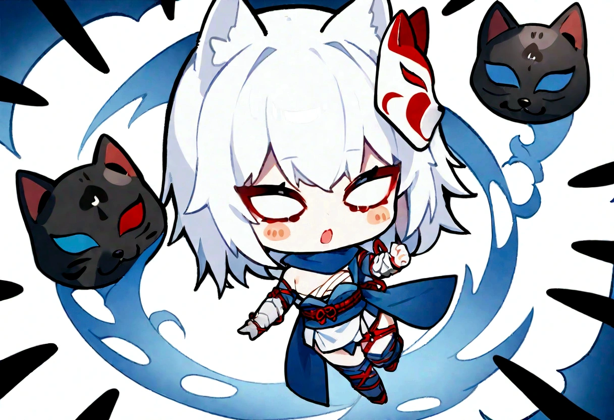 Black Hai Niso。solo、1 person、whole body、Fall down、sleep、sleep、Stickers、White Gauntlet、chibi,No sleeve、Bleaching、(masterpiece, best quality:1.2), 1girl, 独奏,Wolf girl, fox mask, ninja, girl, white hair, odd eyes, blue kimono, ninja girl, red and blue scarf,Chibi Character、White background, fantastic atmosphere.White background、、Black fox mask、Fisheye Lens、hair、Bandage on chest、boy、Black fox mask、Blue Bondage
