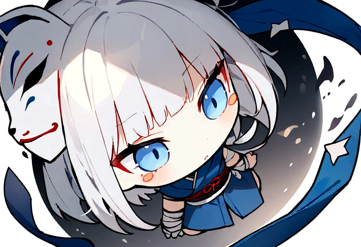 Black Hai Niso。solo、1 person、whole body、Fall down、sleep、sleep、Stickers、White Gauntlet、chibi,No sleeve、Bleaching、(masterpiece, best quality:1.2), 1girl, 独奏,Wolf girl, fox mask, ninja, girl, white hair, odd eyes, blue kimono, ninja girl, red and blue scarf,Chibi Character、White background, fantastic atmosphere.White background、、Black fox mask、Fisheye Lens、hair、Bandage on chest、boy、Black fox mask、Blue Bondage
