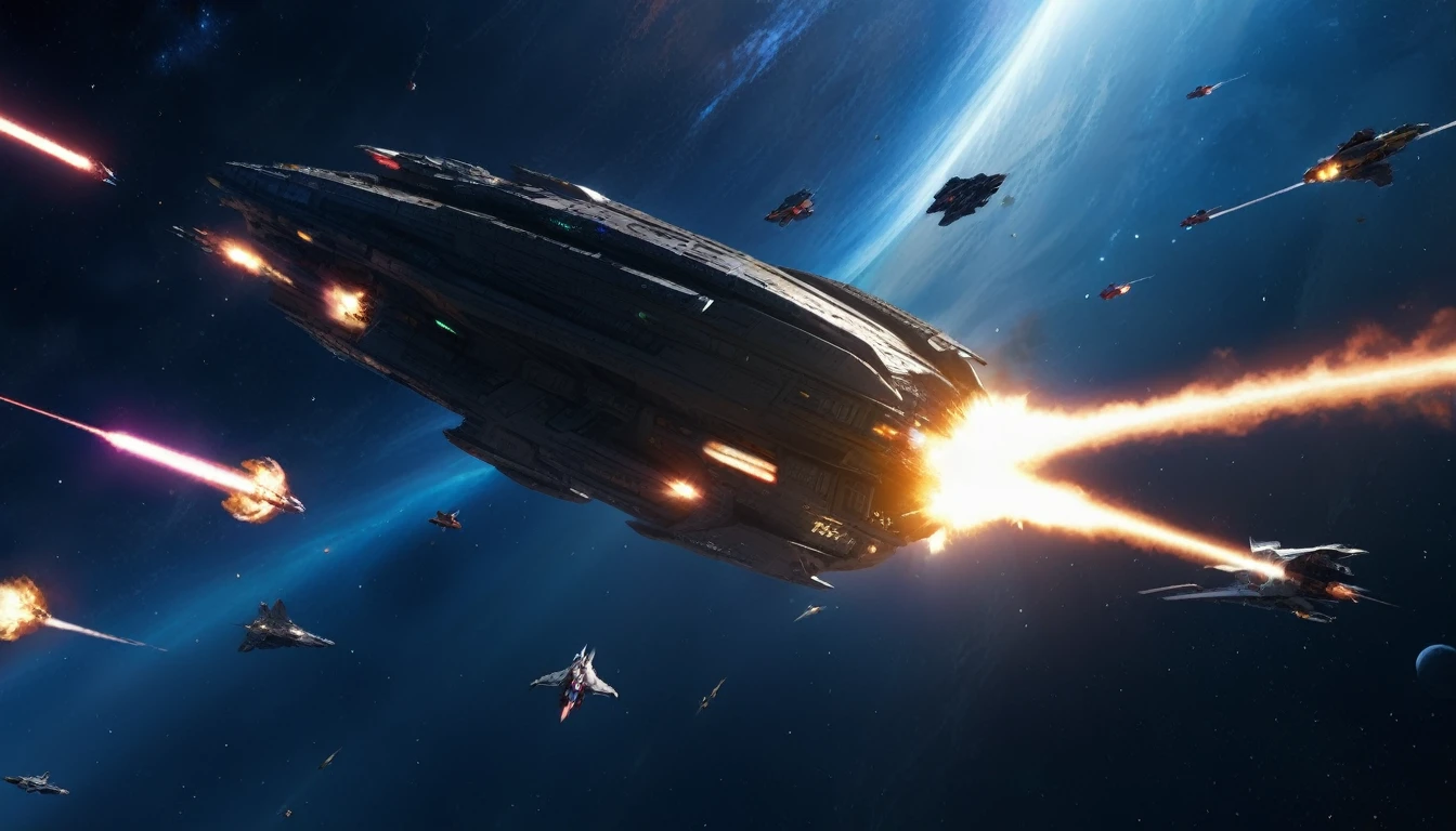 A dramatic battle scene，Shows a deep space battle in a far corner of the galaxy. More than a dozen powerful、Sleek starships are engaged in a fierce battle, The spacecraft&#39;s engines roar，The ship&#39;s shields gleam，The galaxy is full of aid and battles, Distant stars are visible in the background, Illuminated by the blue of the battlefield. The image covers the entire visible range, Demonstrating the complexity of large-scale space combat. Wide-angle lens, Long-term contact, High contrast