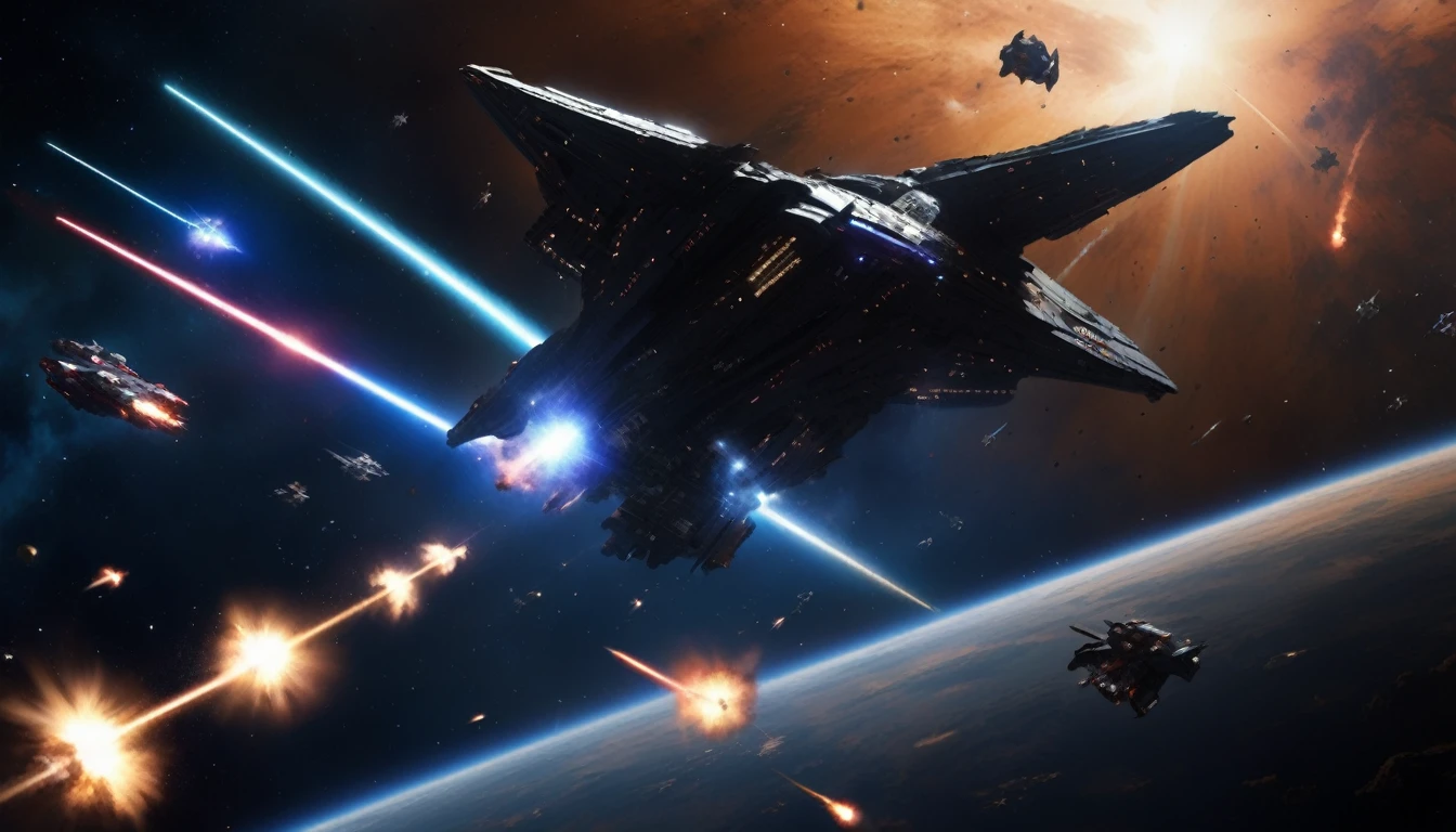 A dramatic battle scene，Shows a deep space battle in a far corner of the galaxy. More than a dozen powerful、Sleek starships are engaged in a fierce battle, The spacecraft&#39;s engines roar，The ship&#39;s shields gleam，The galaxy is full of aid and battles, Distant stars are visible in the background, Illuminated by the blue of the battlefield. The image covers the entire visible range, Demonstrating the complexity of large-scale space combat. Wide-angle lens, Long-term contact, High contrast