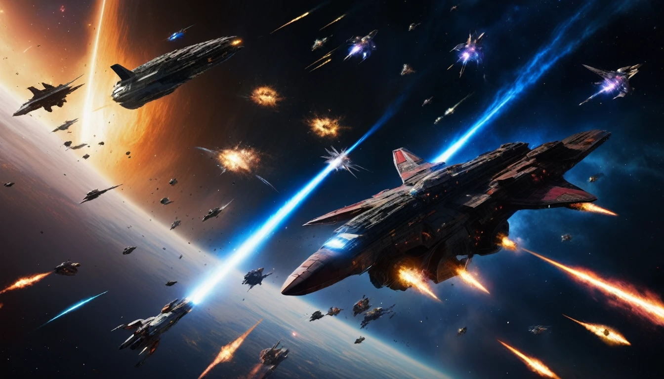 A dramatic battle scene，Shows a deep space battle in a far corner of the galaxy. More than a dozen powerful、Sleek starships are engaged in a fierce battle, The spacecraft&#39;s engines roar，The ship&#39;s shields gleam，The galaxy is full of aid and battles, Distant stars are visible in the background, Illuminated by the blue of the battlefield. The image covers the entire visible range, Demonstrating the complexity of large-scale space combat. Wide-angle lens, Long-term contact, High contrast