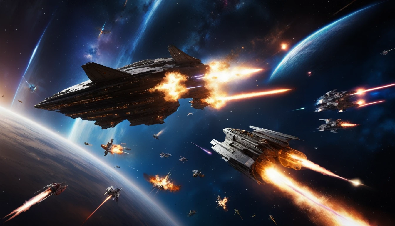 A dramatic battle scene，Shows a deep space battle in a far corner of the galaxy. More than a dozen powerful、Sleek starships are engaged in a fierce battle, The spacecraft&#39;s engines roar，The ship&#39;s shields gleam，The galaxy is full of aid and battles, Distant stars are visible in the background, Illuminated by the blue of the battlefield. The image covers the entire visible range, Demonstrating the complexity of large-scale space combat. Wide-angle lens, Long-term contact, High contrast