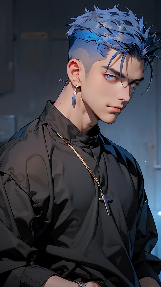 highest quality, 8K, high resolution image, anime style Jujutsu Kaisen, (Gilgamesh | Fate), detailed strokes, bored look , blurred, purple light reflecting from it, (close angle), 1 man, young, male, model, hand in pocket, cool guy, multicolored Background with various geometric shapes, around stickers, muscular, Blue hair, Hairstyle, Hairstyle:Undercut, Red eyes, short Hair, Blue hair, highlighted hair ,swollen chest, He is wearing a black sportjacket and black sweatpants, Black Sportjacket, black sweatpants and a gold link chain, sweatpants, Background: Room,